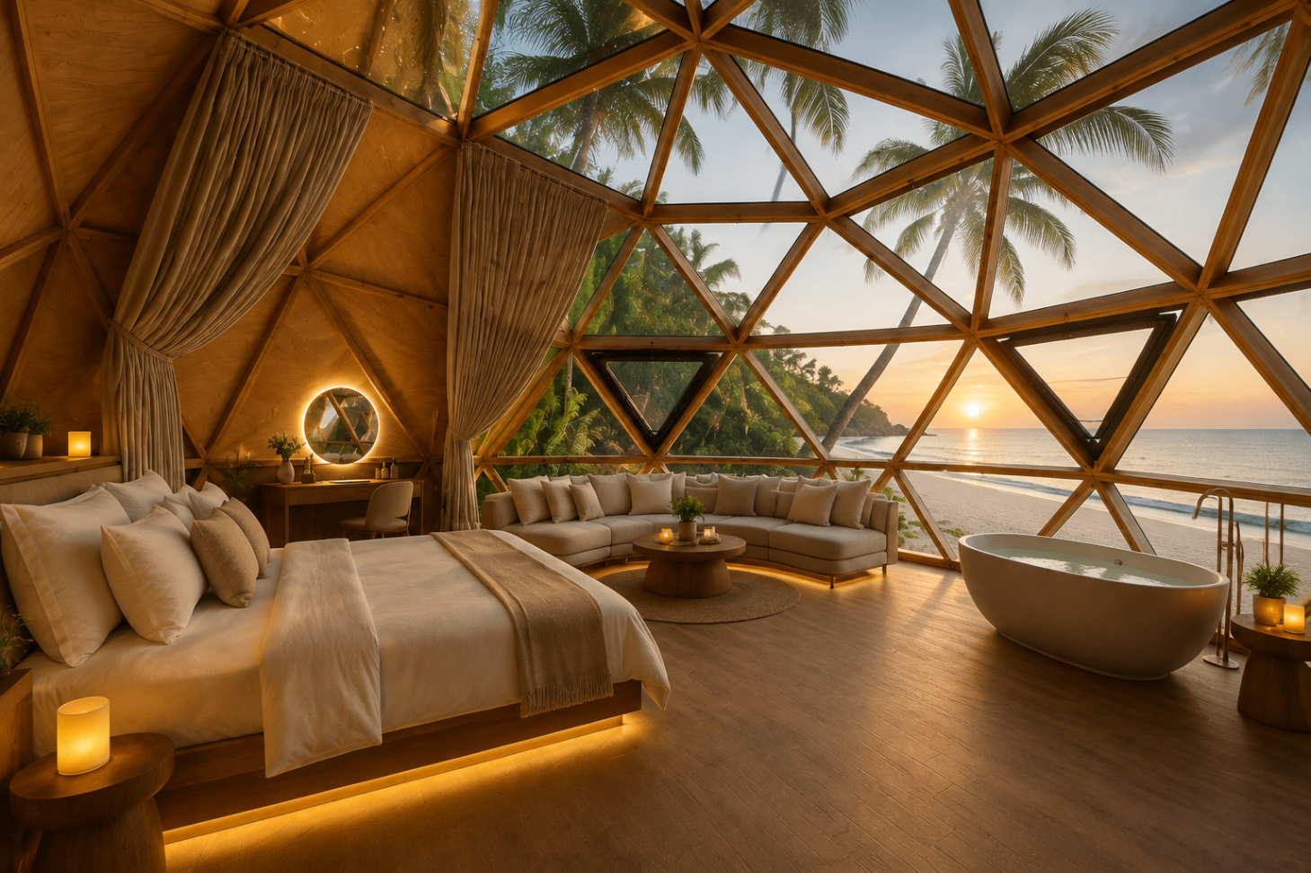 Warm timber dome pod interior with king bed, lounge, freestanding bath and sunset ocean view