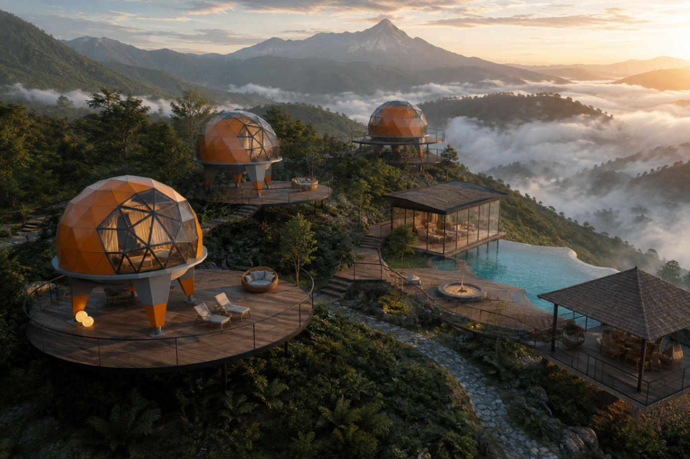 Elevated orange dome pods on a misty mountain hillside with infinity pool and mountain views