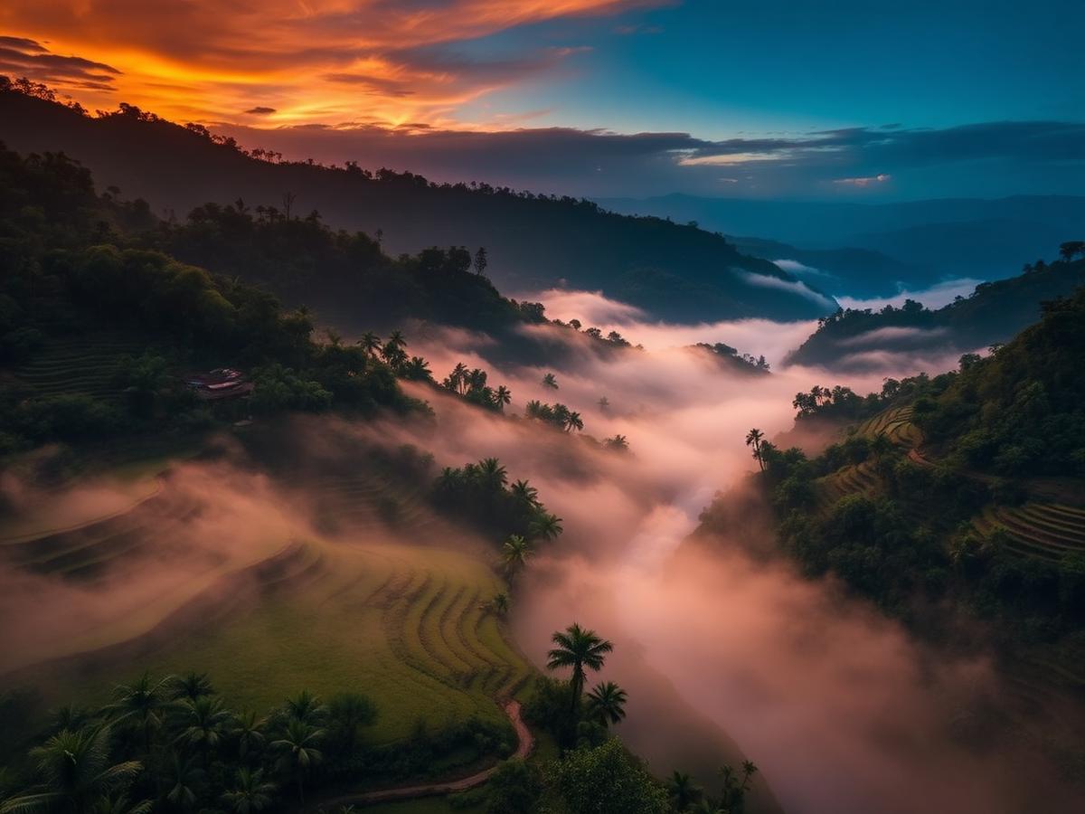 Misty Balinese river valley with terraced fields at sunset