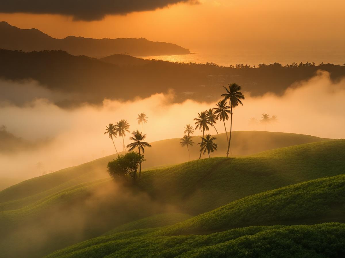 Tea country hills in morning mist above a distant palm coastline in Sri Lanka
