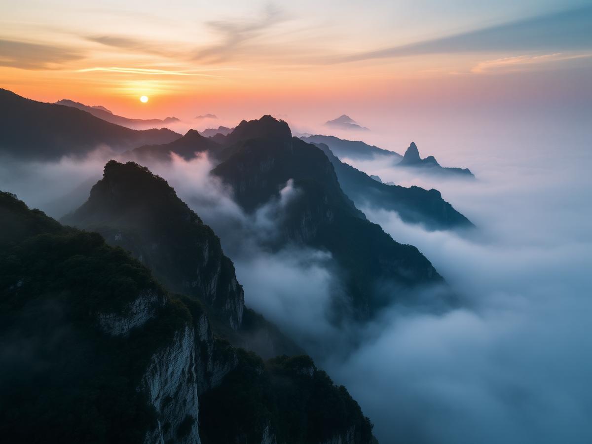 Layered mountain ridges above cloud at sunrise in central Vietnam